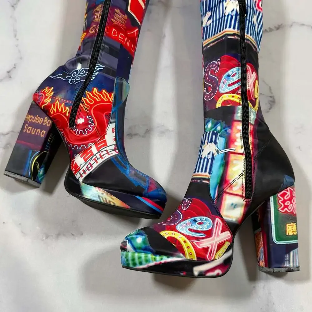 Dolls Kill Current Mood Midnight City Print Thigh High Platform Boots 8 - Picture 10 of 10